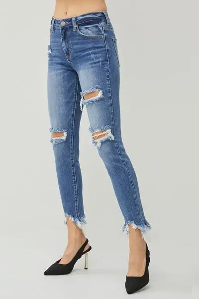 RISEN Distressed Frayed Hem Slim Jeans - Nikki’s Place