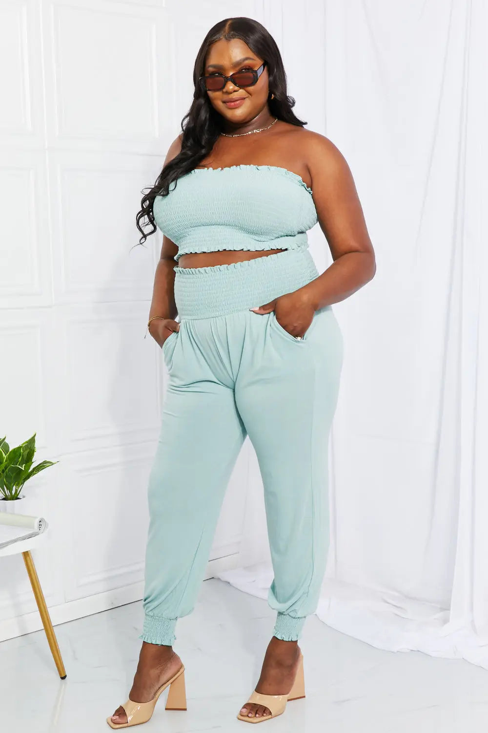 Zenana Full Size Stylish Comfort Smocked Tube Top &amp; Joggers Set - Nikki’s Place