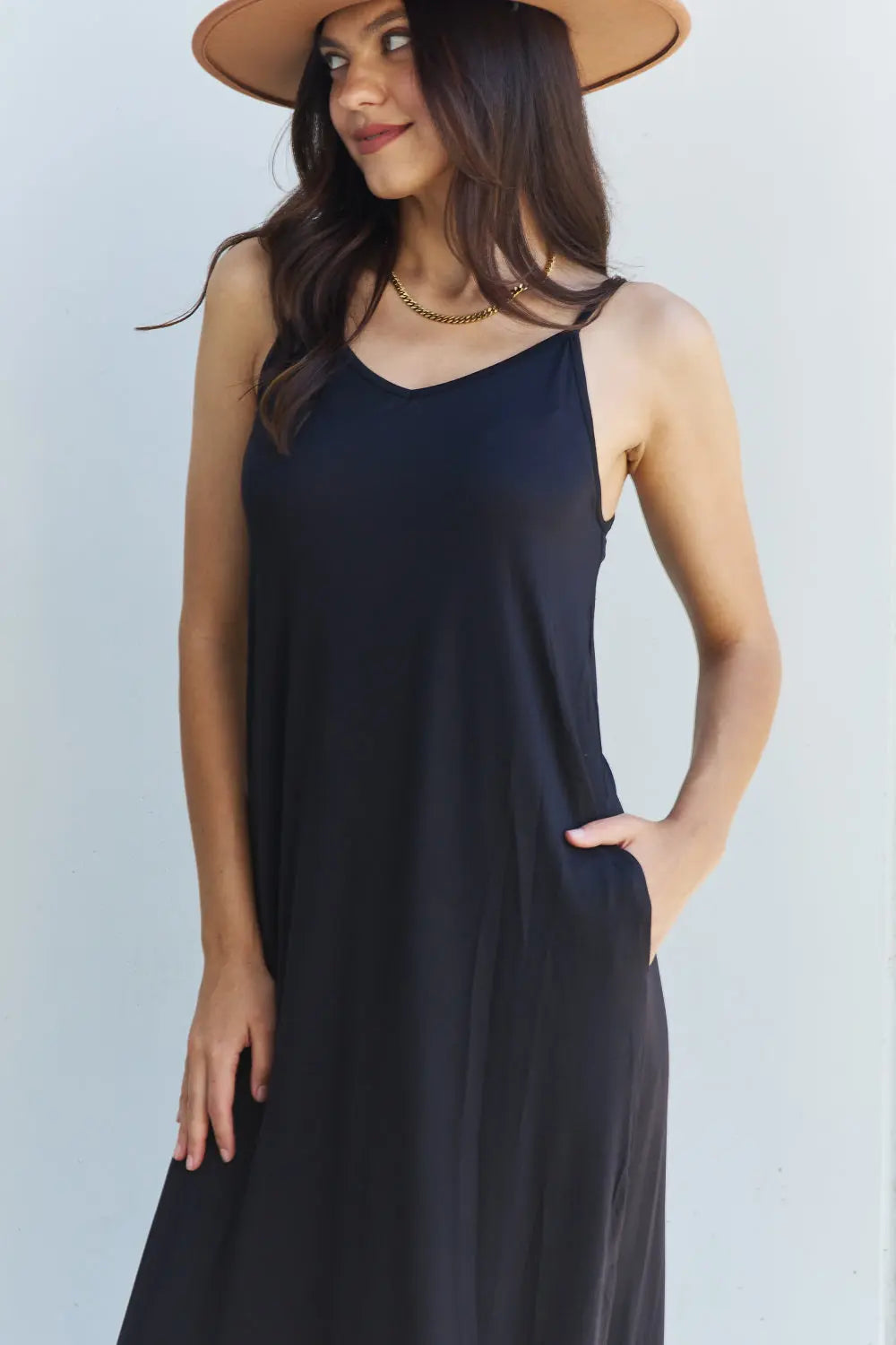 Ninexis Good Energy Regular/Full Size Cami Side Slit Maxi Dress in Black - Nikki’s Place