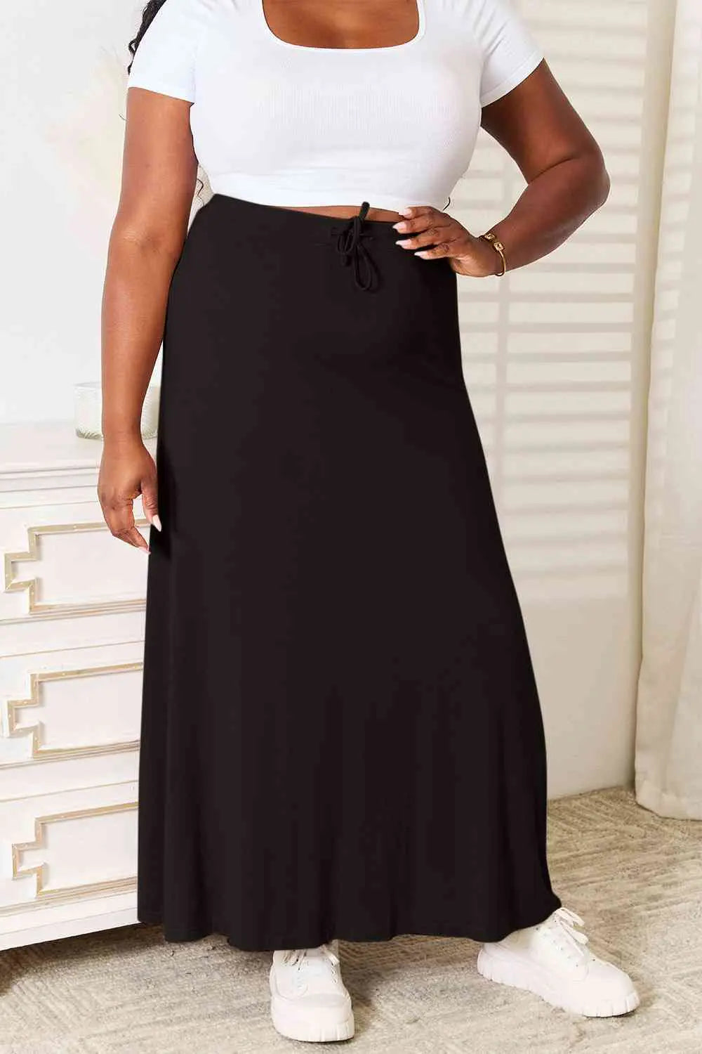 Soft Rayon Drawstring Waist Maxi Skirt Rayon - Nikki’s Place