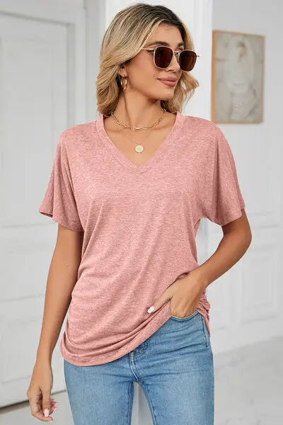 Ruched V-Neck Short Sleeve T-Shirt - Nikki’s Place