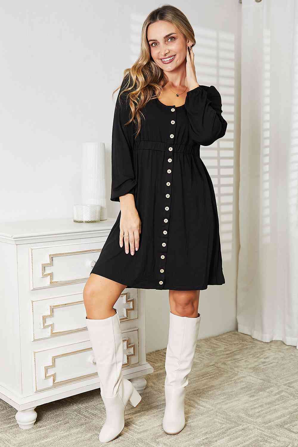 Double Take Scoop Neck Empire Waist Long Sleeve Magic Dress - Nikki’s Place