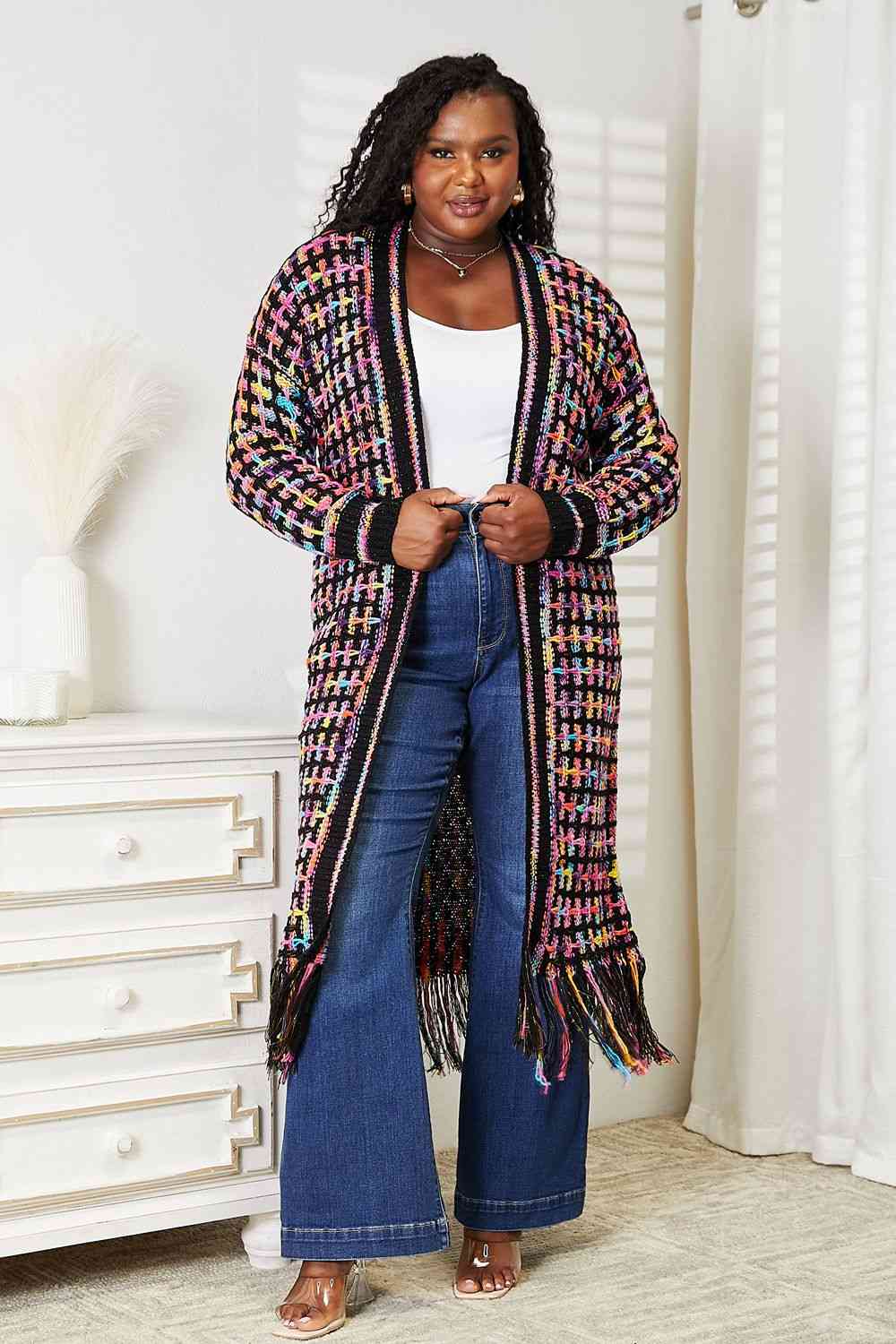 Double Take Full Size Multicolored Open Front Fringe Hem Cardigan - Nikki’s Place