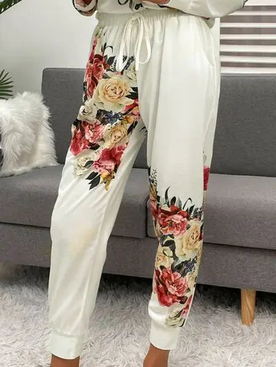 Printed Round Neck Top and Drawstring Pants Lounge Set - Nikki’s Place