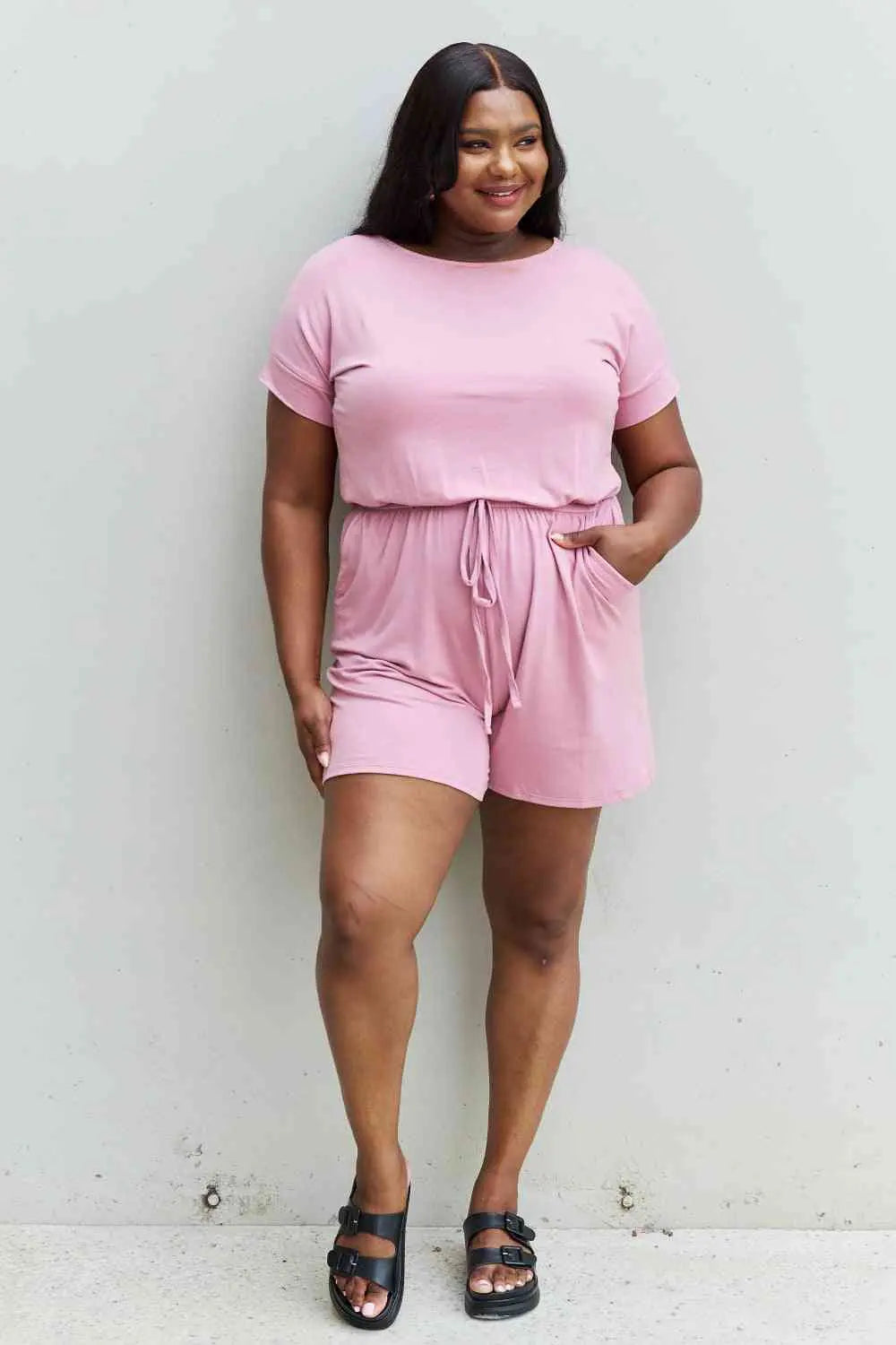 Zenana Chilled Out Regular/Full Size Short Sleeve Romper in Light Carnation Pink - Nikki’s Place