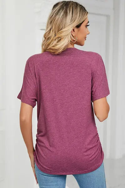 Ruched V-Neck Short Sleeve T-Shirt - Nikki’s Place