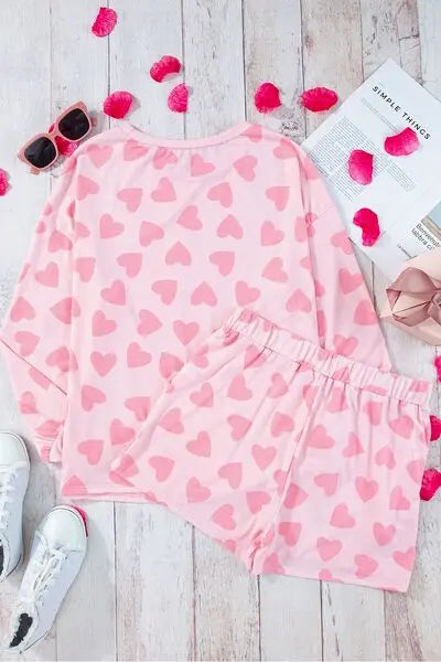 Heart Print Round Neck Top and Shorts Lounge Set - Nikki’s Place