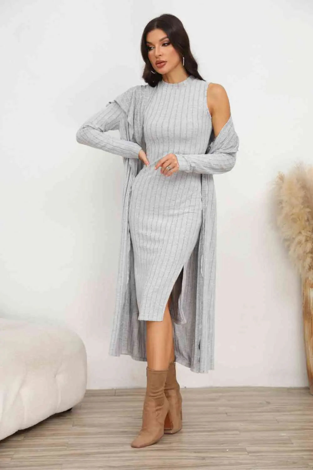 Slit Dress and Longline Cardigan Set - Nikki’s Place