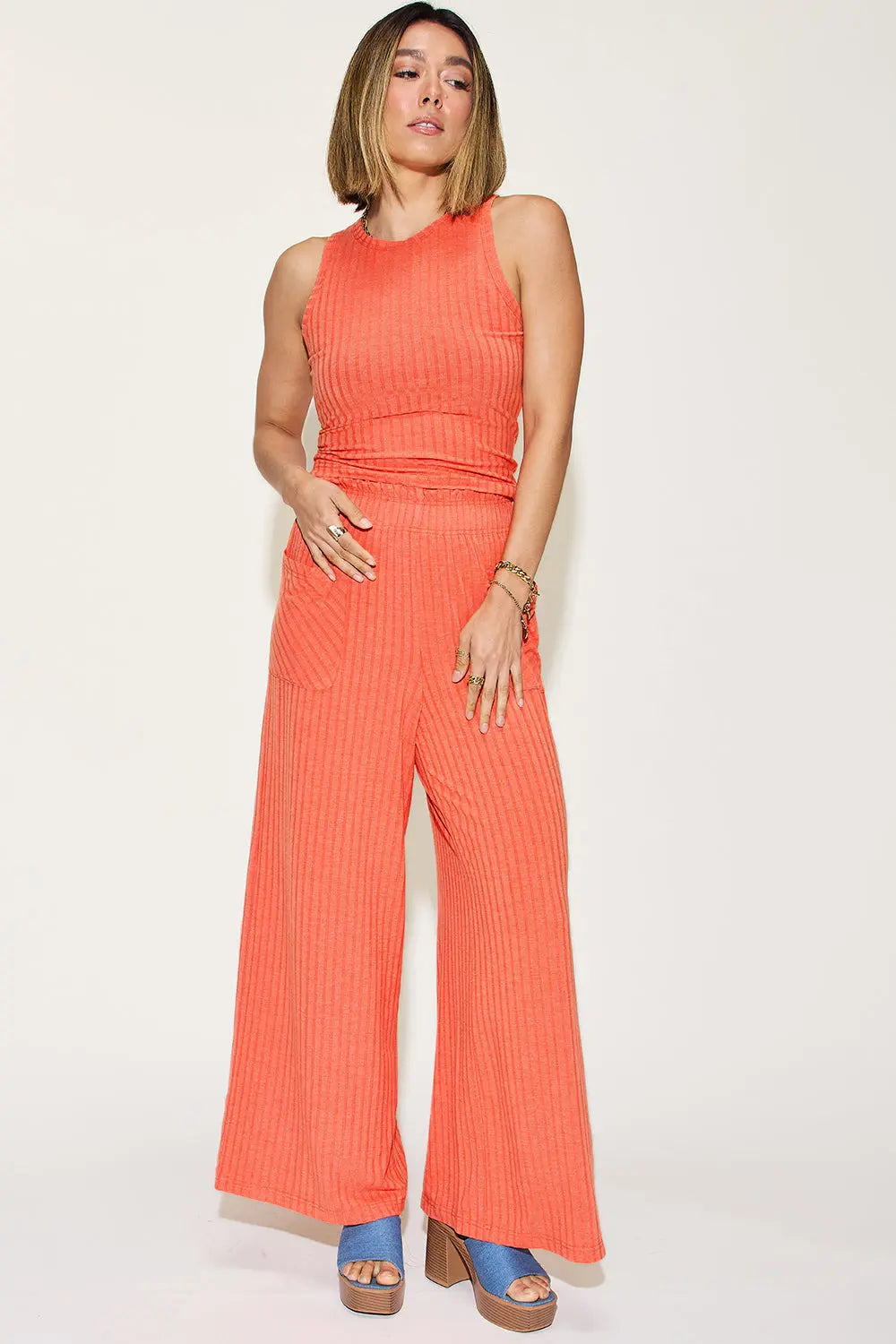 Basic Bae Full Size Ribbed Tank and Wide Leg Pants Set - Nikki’s Place