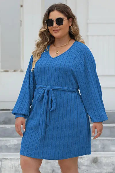 Plus Size Ribbed Tie Front Long Sleeve Sweater Dress - Nikki’s Place