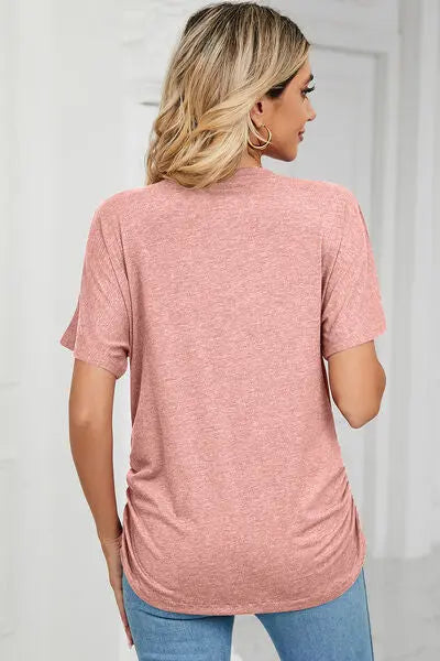 Ruched V-Neck Short Sleeve T-Shirt - Nikki’s Place