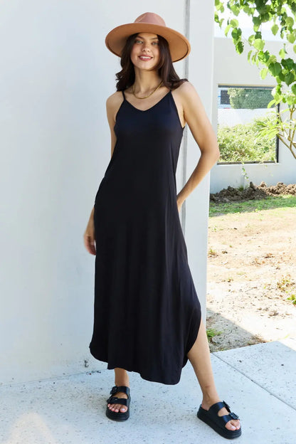 Ninexis Good Energy Regular/Full Size Cami Side Slit Maxi Dress in Black - Nikki’s Place