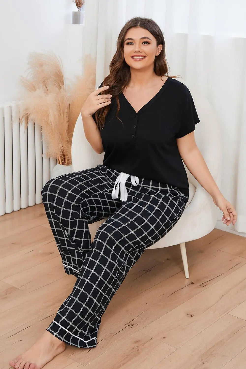 Plus Size V-Neck Top and Plaid Pants Lounge Set - Nikki’s Place