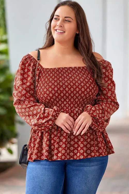 Plus Size Square Neck Balloon Sleeve Peplum Blouse - Nikki’s Place