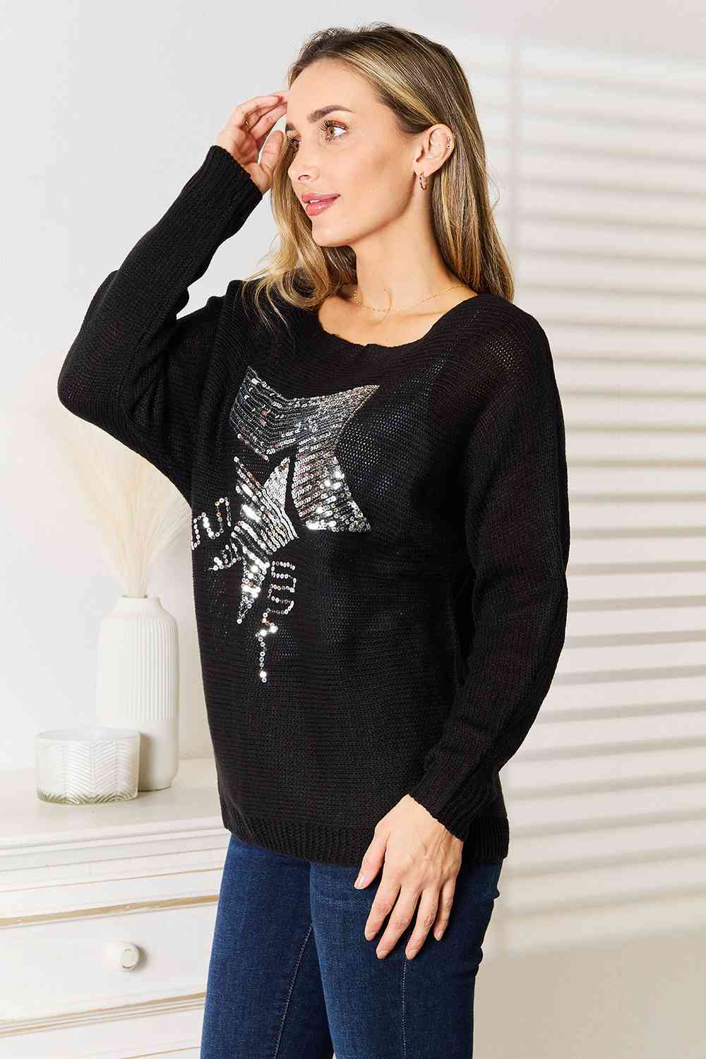 Double Take Sequin Graphic Dolman Sleeve Knit Top - Nikki’s Place