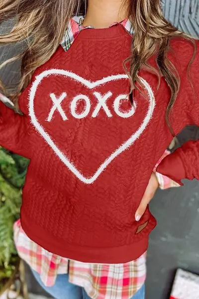 XOXO Heart Round Neck Dropped Shoulder Sweatshirt - Nikki’s Place