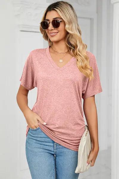 Ruched V-Neck Short Sleeve T-Shirt - Nikki’s Place