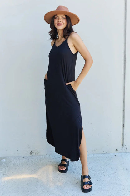 Ninexis Good Energy Regular/Full Size Cami Side Slit Maxi Dress in Black - Nikki’s Place