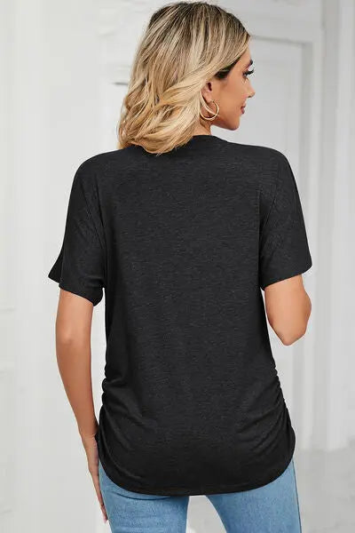 Ruched V-Neck Short Sleeve T-Shirt - Nikki’s Place