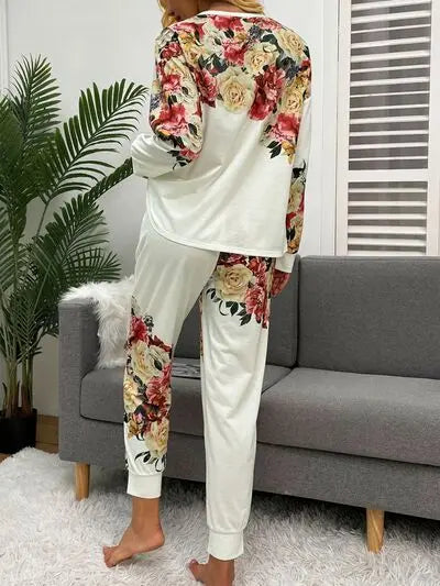 Printed Round Neck Top and Drawstring Pants Lounge Set - Nikki’s Place