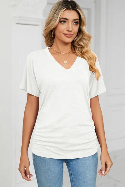 Ruched V-Neck Short Sleeve T-Shirt - Nikki’s Place