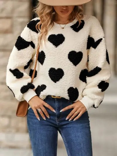 Fuzzy Heart Dropped Shoulder Sweatshirt - Nikki’s Place