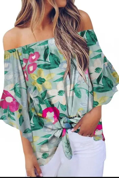 Tied Printed Off-Shoulder Half Sleeve Blouse - Nikki’s Place