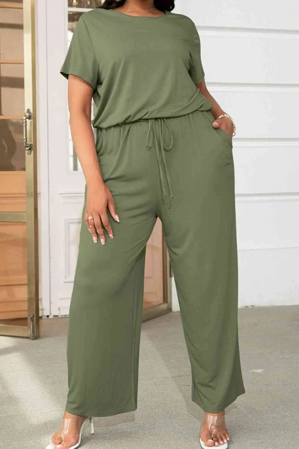 Plus Size Drawstring Waist Short Sleeve Jumpsuit - Nikki’s Place