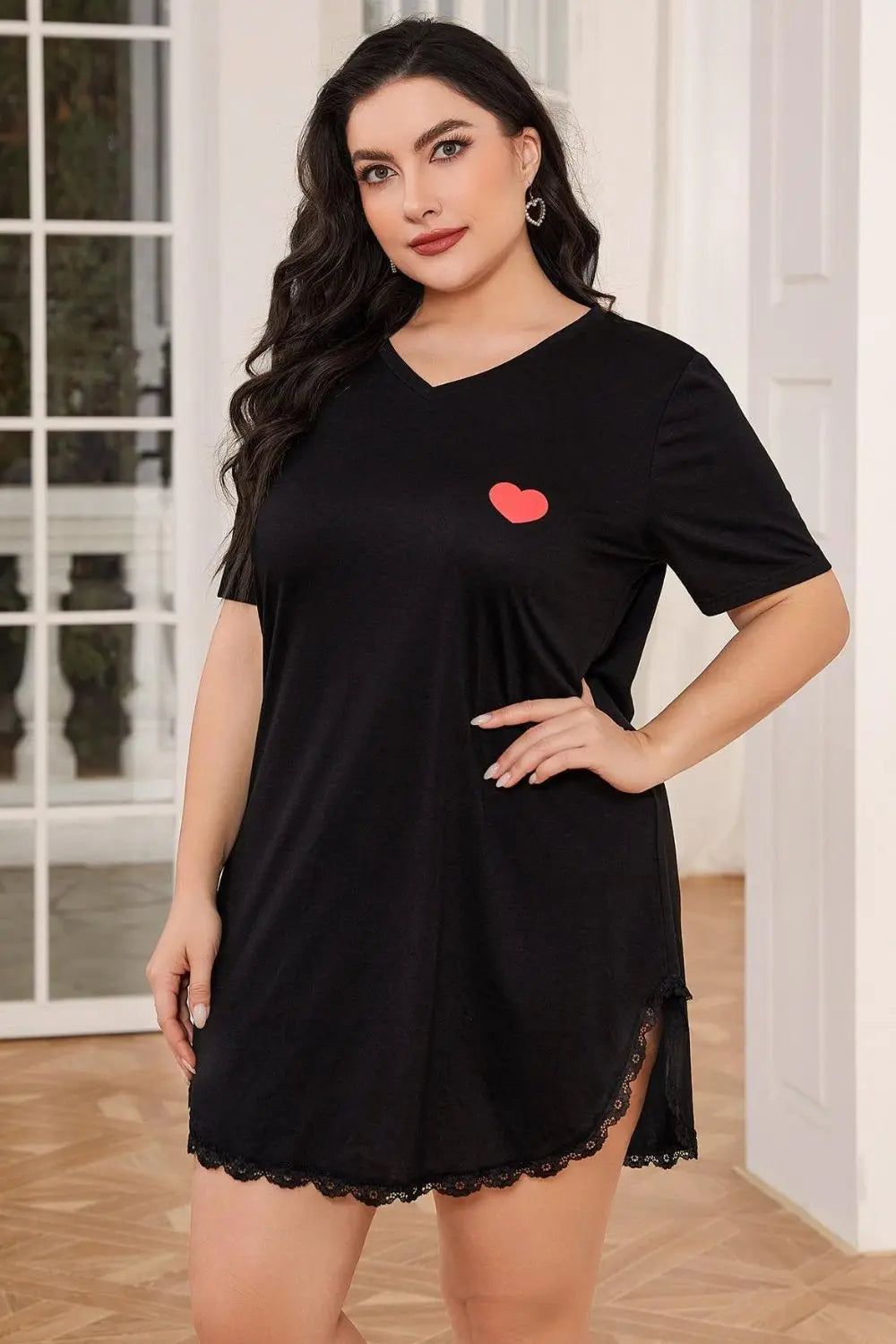 Plus Size Lace Trim V-Neck Short Sleeve Night Dress - Nikki’s Place