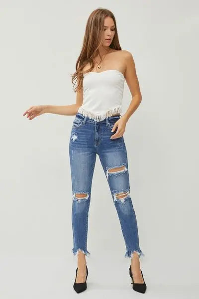 RISEN Distressed Frayed Hem Slim Jeans - Nikki’s Place