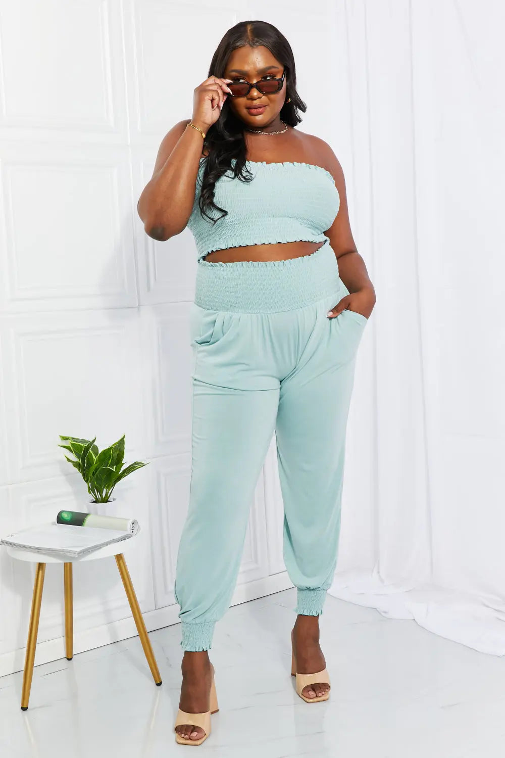 Zenana Full Size Stylish Comfort Smocked Tube Top &amp; Joggers Set - Nikki’s Place