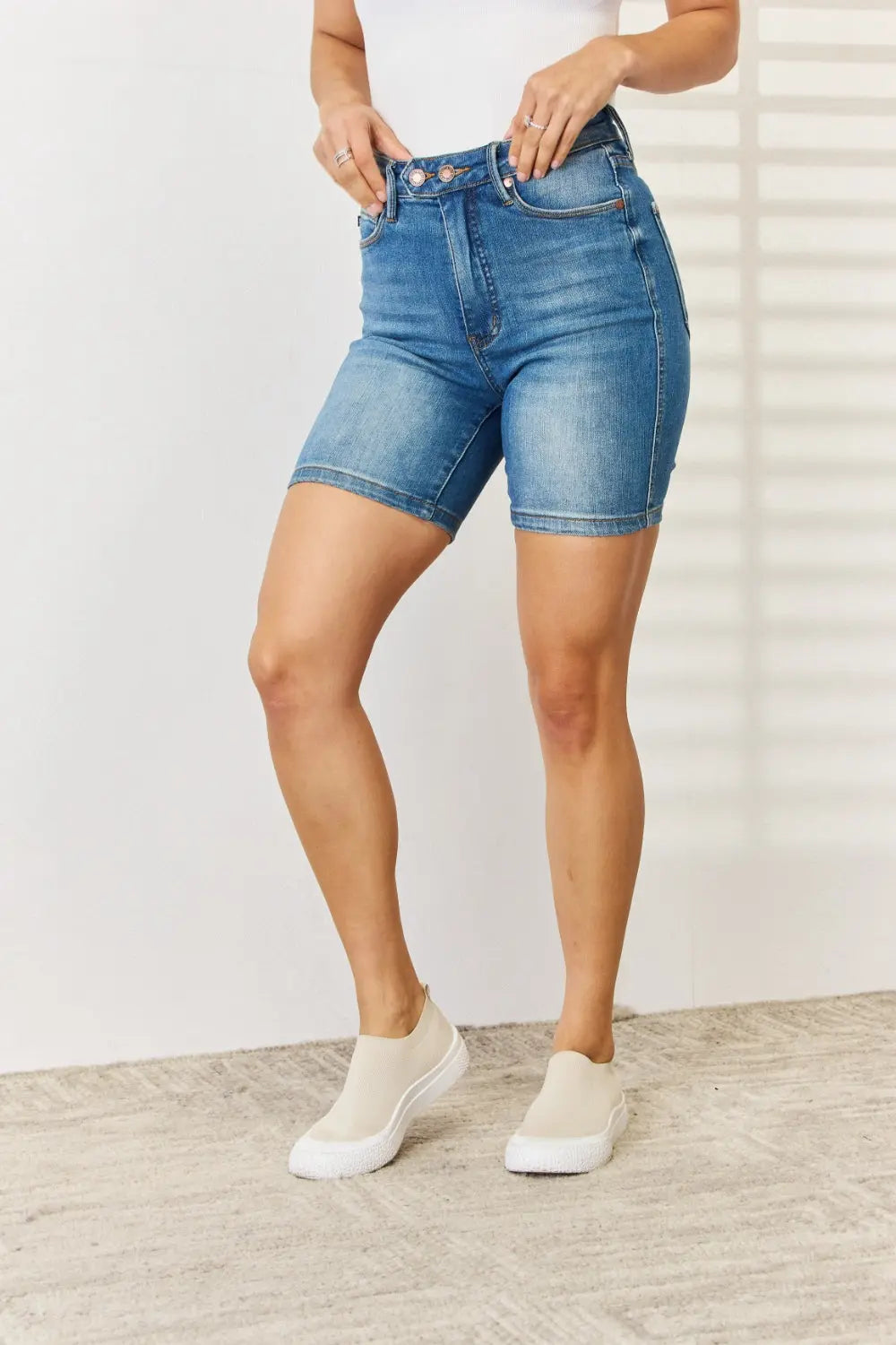 Judy Blue Regular/ Full Size Tummy Control Double Button Bermuda Denim Shorts - Nikki’s Place