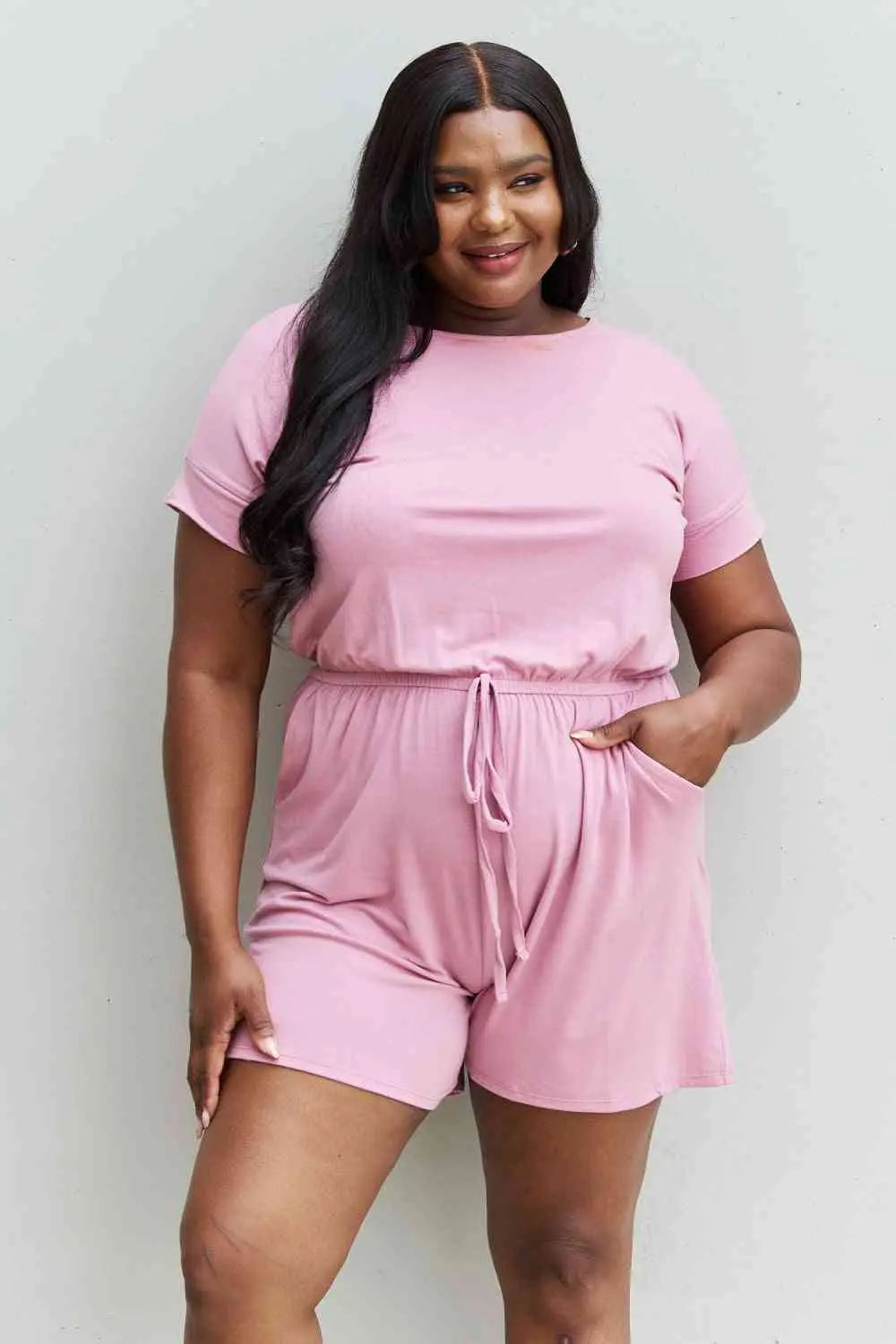 Zenana Chilled Out Regular/Full Size Short Sleeve Romper in Light Carnation Pink - Nikki’s Place