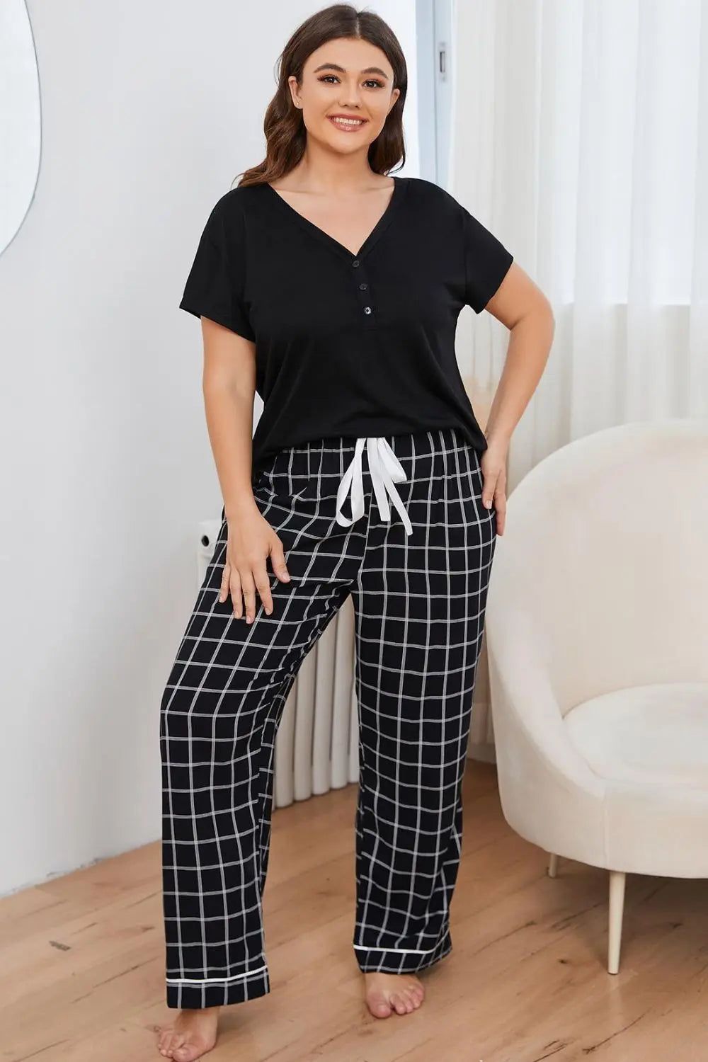 Plus Size V-Neck Top and Plaid Pants Lounge Set - Nikki’s Place