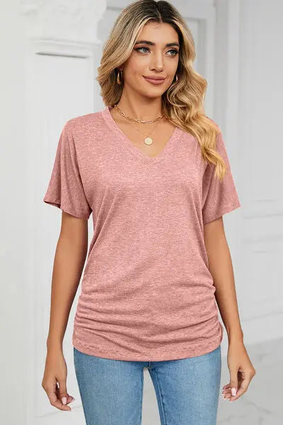 Ruched V-Neck Short Sleeve T-Shirt - Nikki’s Place