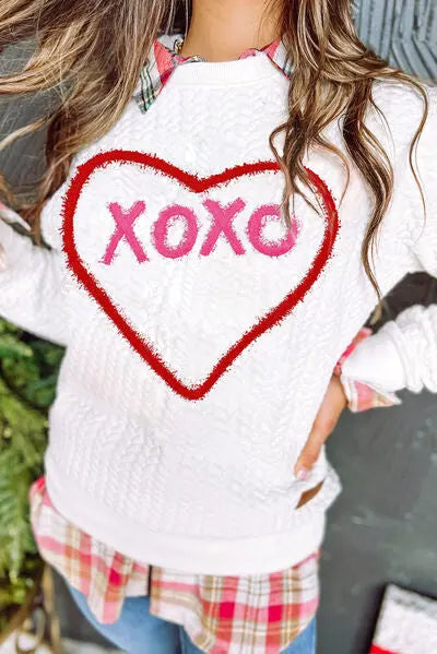 XOXO Heart Round Neck Dropped Shoulder Sweatshirt - Nikki’s Place