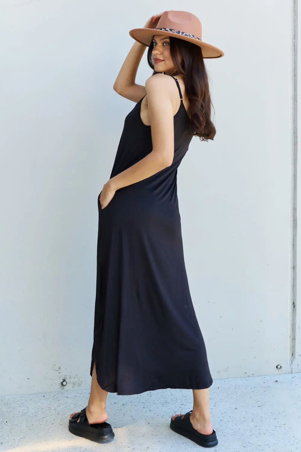 Ninexis Good Energy Regular/Full Size Cami Side Slit Maxi Dress in Black - Nikki’s Place