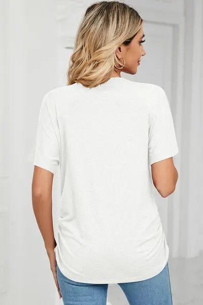 Ruched V-Neck Short Sleeve T-Shirt - Nikki’s Place