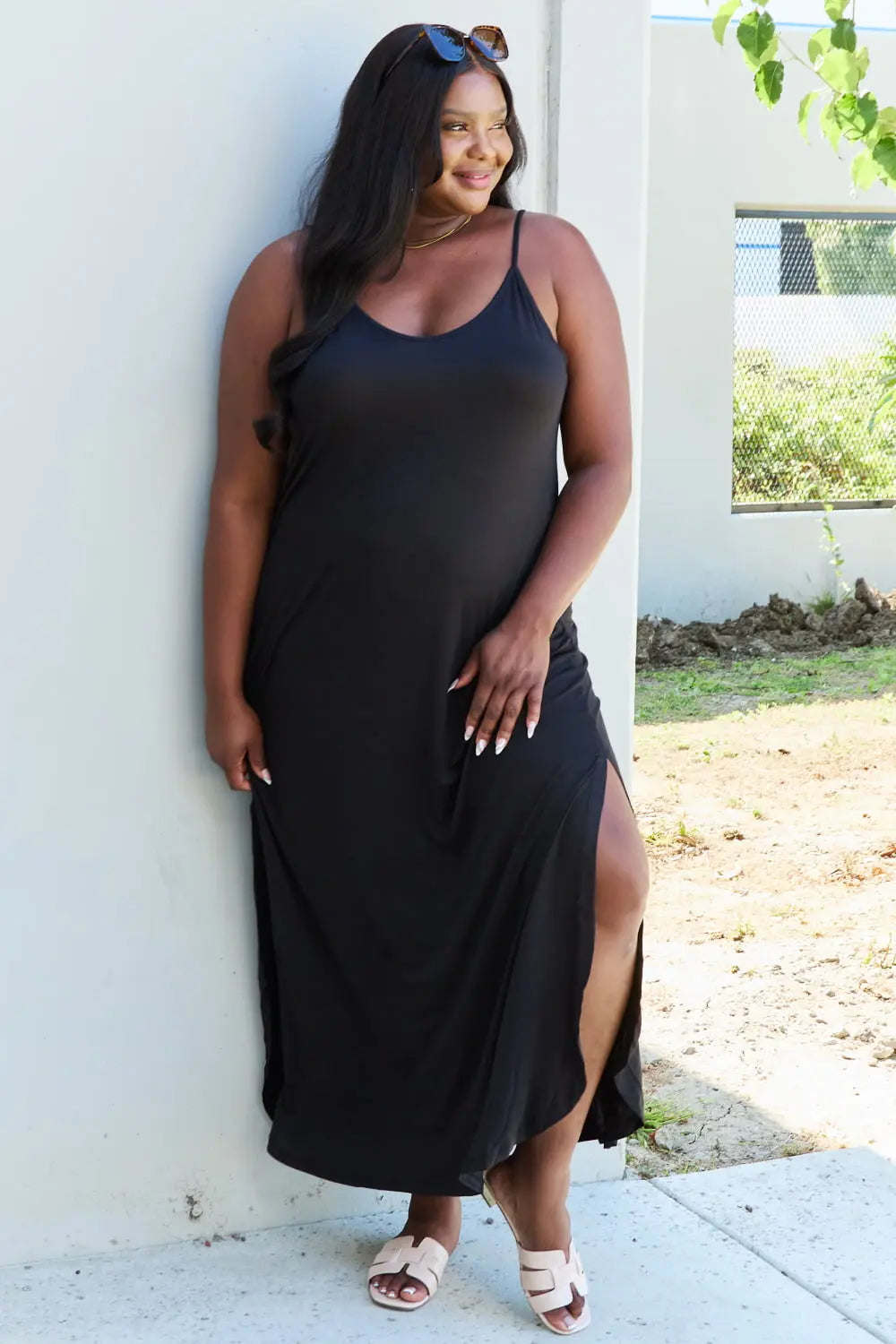 Ninexis Good Energy Regular/Full Size Cami Side Slit Maxi Dress in Black - Nikki’s Place