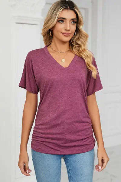 Ruched V-Neck Short Sleeve T-Shirt - Nikki’s Place