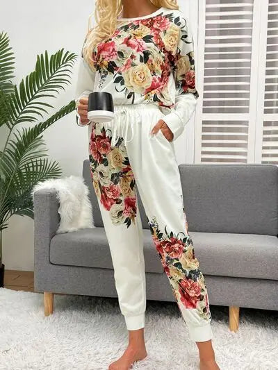 Printed Round Neck Top and Drawstring Pants Lounge Set - Nikki’s Place