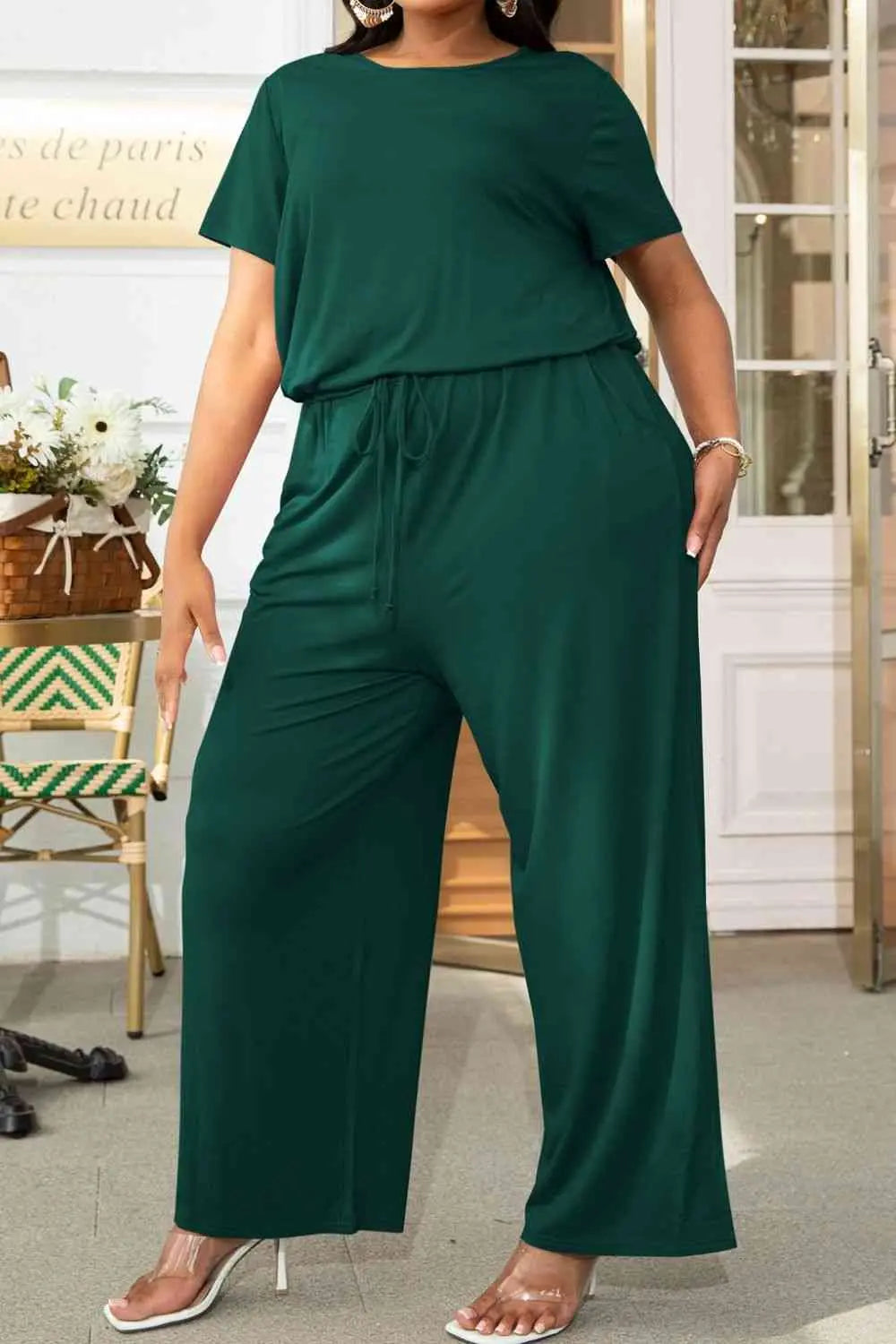 Plus Size Drawstring Waist Short Sleeve Jumpsuit - Nikki’s Place