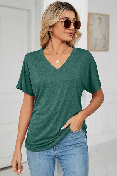 Ruched V-Neck Short Sleeve T-Shirt - Nikki’s Place