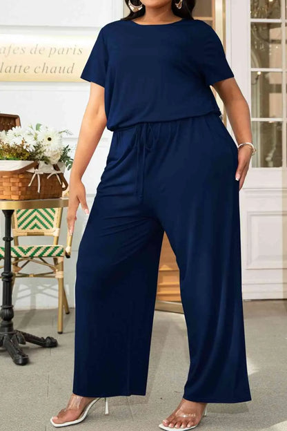 Plus Size Drawstring Waist Short Sleeve Jumpsuit - Nikki’s Place