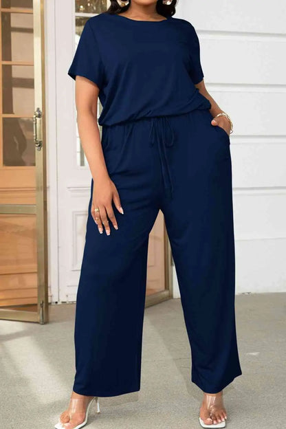 Plus Size Drawstring Waist Short Sleeve Jumpsuit - Nikki’s Place