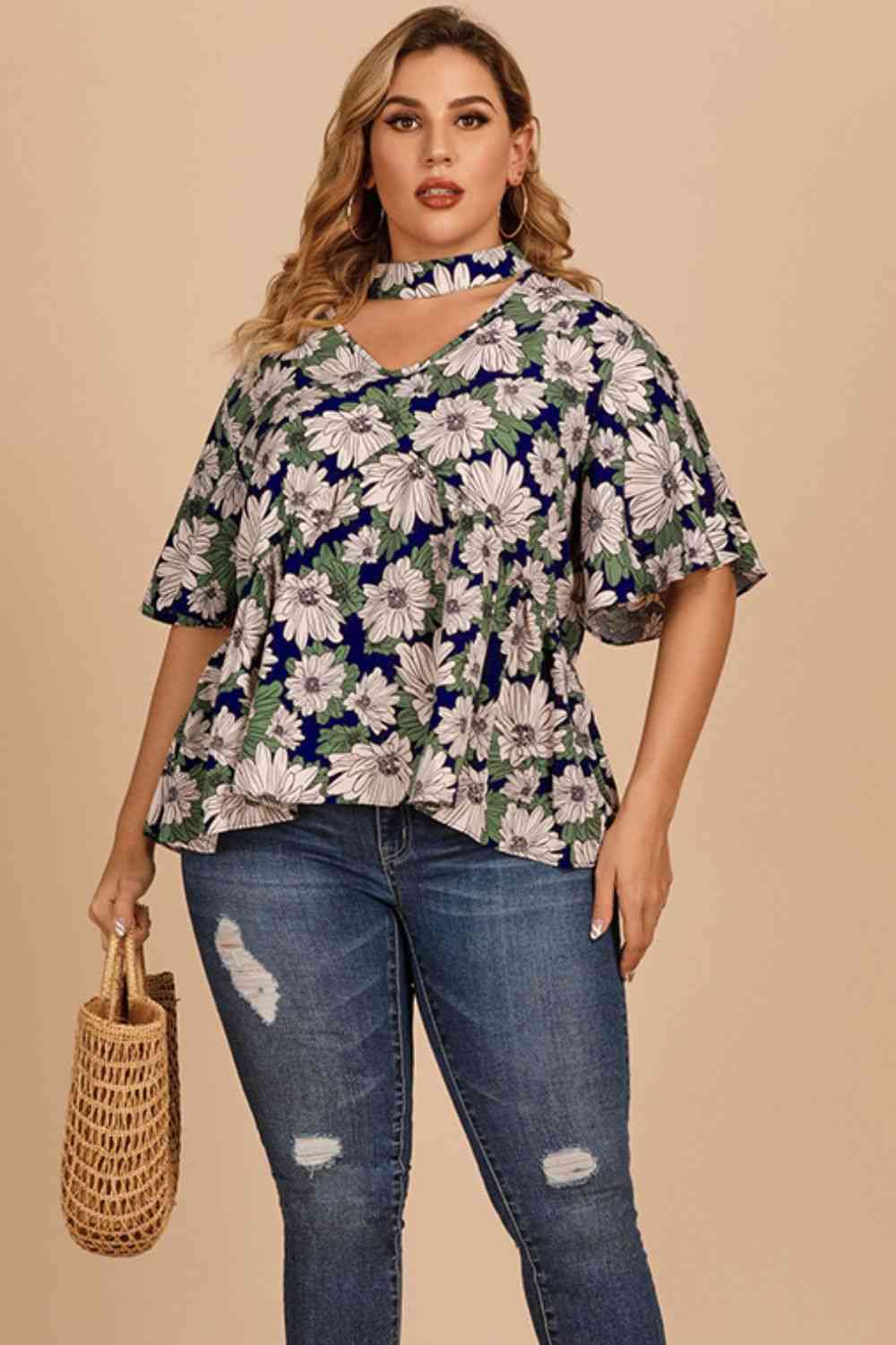 Plus Size Floral Flutter Sleeve Cutout Blouse - Nikki’s Place