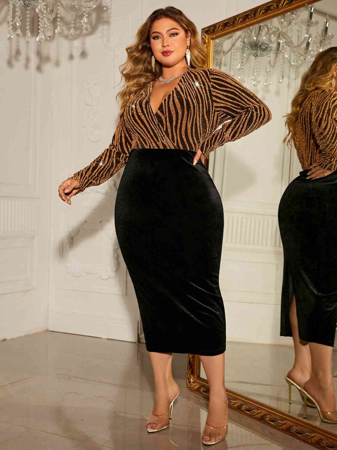 Plus Size Surplice Neck Long Sleeve Slit Dress - Nikki’s Place