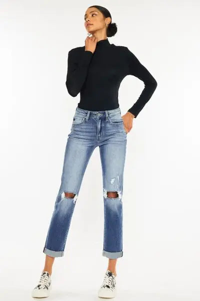 Kancan High Waist Distressed Hem Detail Cropped Straight Jeans - Nikki’s Place