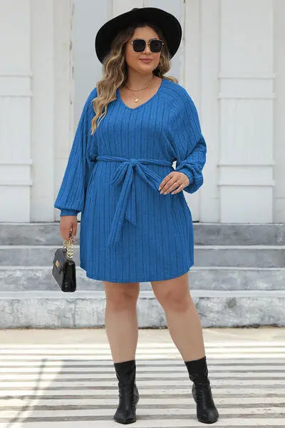 Plus Size Ribbed Tie Front Long Sleeve Sweater Dress - Nikki’s Place