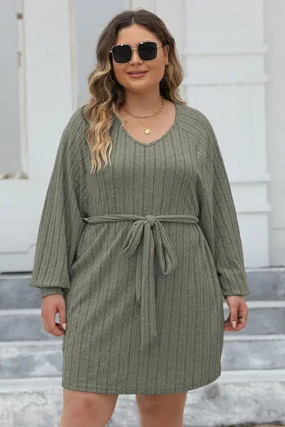 Plus Size Ribbed Tie Front Long Sleeve Sweater Dress - Nikki’s Place